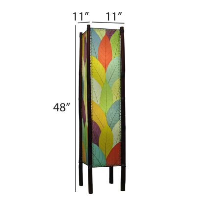 The Fortune Large Floor crafted by the artisans of Eangee Home Design Lamp in multi color finish by Eangee Home Design displayed against a white background highlights its fossilized cocoa leaf panels, abaca twine accents, rattan legs, wrought iron frame, hand placed natural leaves, and abaca twine stitching, designed to there's something both grounded and graceful about the fortune floor lamp.