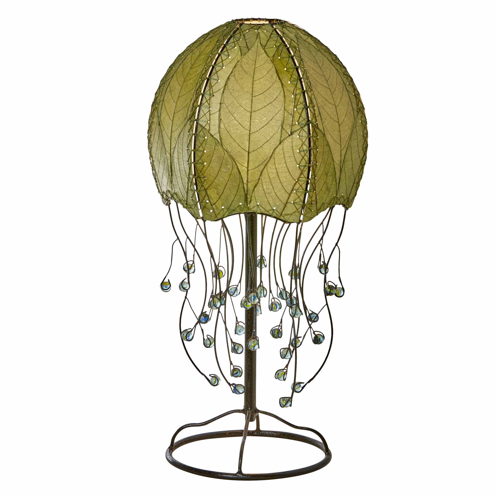 Crafted by the artisans of Eangee Home Design, the Jellyfish Table Lamp in green against a clean backdrop, featuring fossilized cocoa leaf shade, abaca rope accents, wrought iron frame, handcrafted.