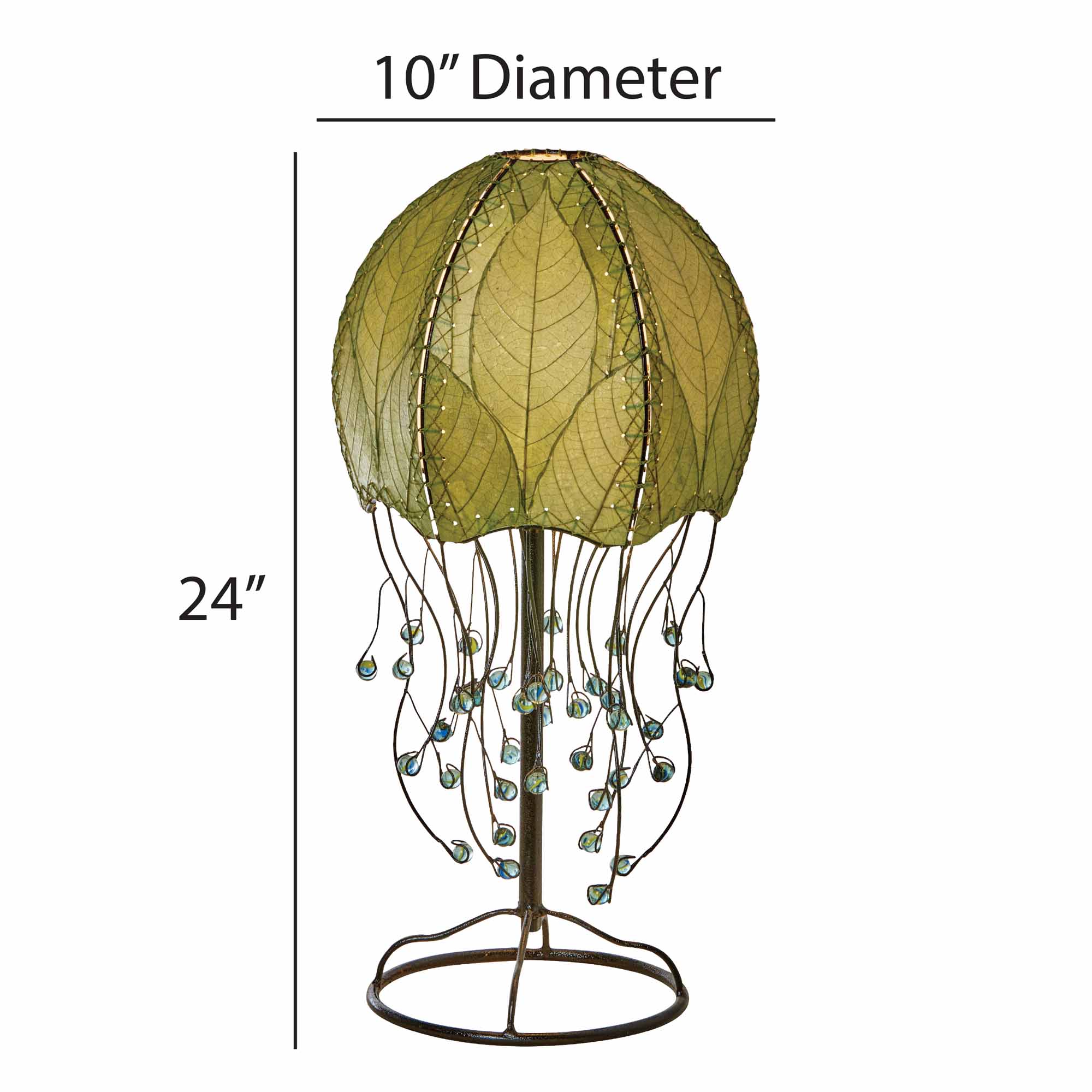 Crafted by the artisans of Eangee Home Design, the Jellyfish Table Lamp in green against a clean backdrop, featuring fossilized cocoa leaf shade, abaca rope accents, wrought iron frame, handcrafted.