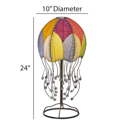 Crafted by the artisans of Eangee Home Design, the Jellyfish Table Lamp in multi color against a clean backdrop, featuring fossilized cocoa leaf shade, abaca rope accents, wrought iron frame, handcrafted.