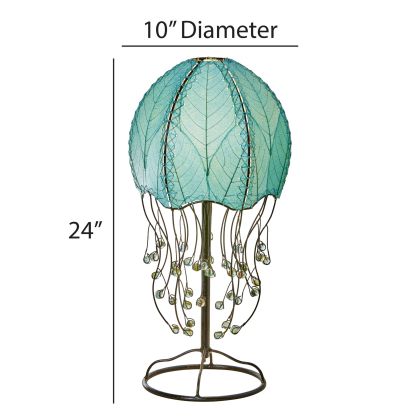 Crafted by the artisans of Eangee Home Design, the Jellyfish Table Lamp in sea blue against a clean backdrop, featuring fossilized cocoa leaf shade, abaca rope accents, wrought iron frame, handcrafted.