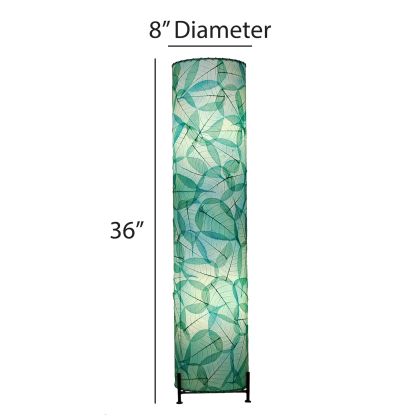 The Banyan Large Floor crafted by the artisans of Eangee Home Design Lamp in sea blue finish by Eangee Home Design displayed against a white background highlights its fossilized cocoa leaf panels, abaca twine accents, wrought iron frame, hand placed natural leaves, and abaca twine stitching, designed to some pieces fill a space.