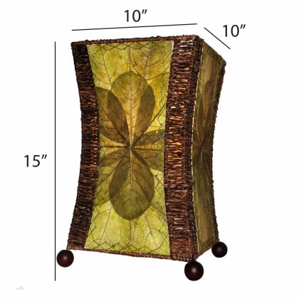Crafted by the artisans of Eangee Home Design, the Hourglass Table Lamp in green against a clean backdrop, featuring jackfruit leaf panels, abaca rope accents, wrought iron frame, eco friendly.