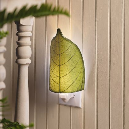 Crafted by the artisans of Eangee Home Design, the Leaf Nightlight in green against a clean backdrop, featuring fossilized cocoa leaf shade, eco friendly, handcrafted.