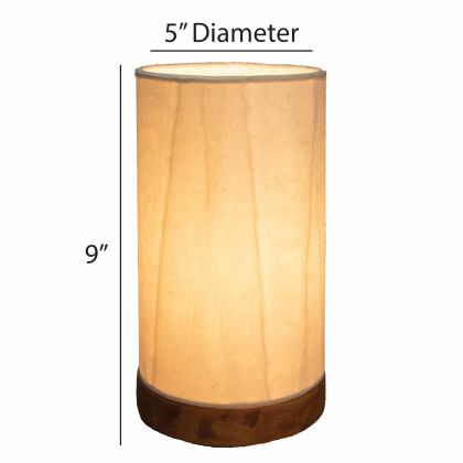Crafted by the artisans of Eangee Home Design, the Mini Paper Cylinder Table Lamp Glacier in natural against a clean backdrop, featuring reclaimed mango wood base, recycled paper shade, sustainably sourced, recycled materials.