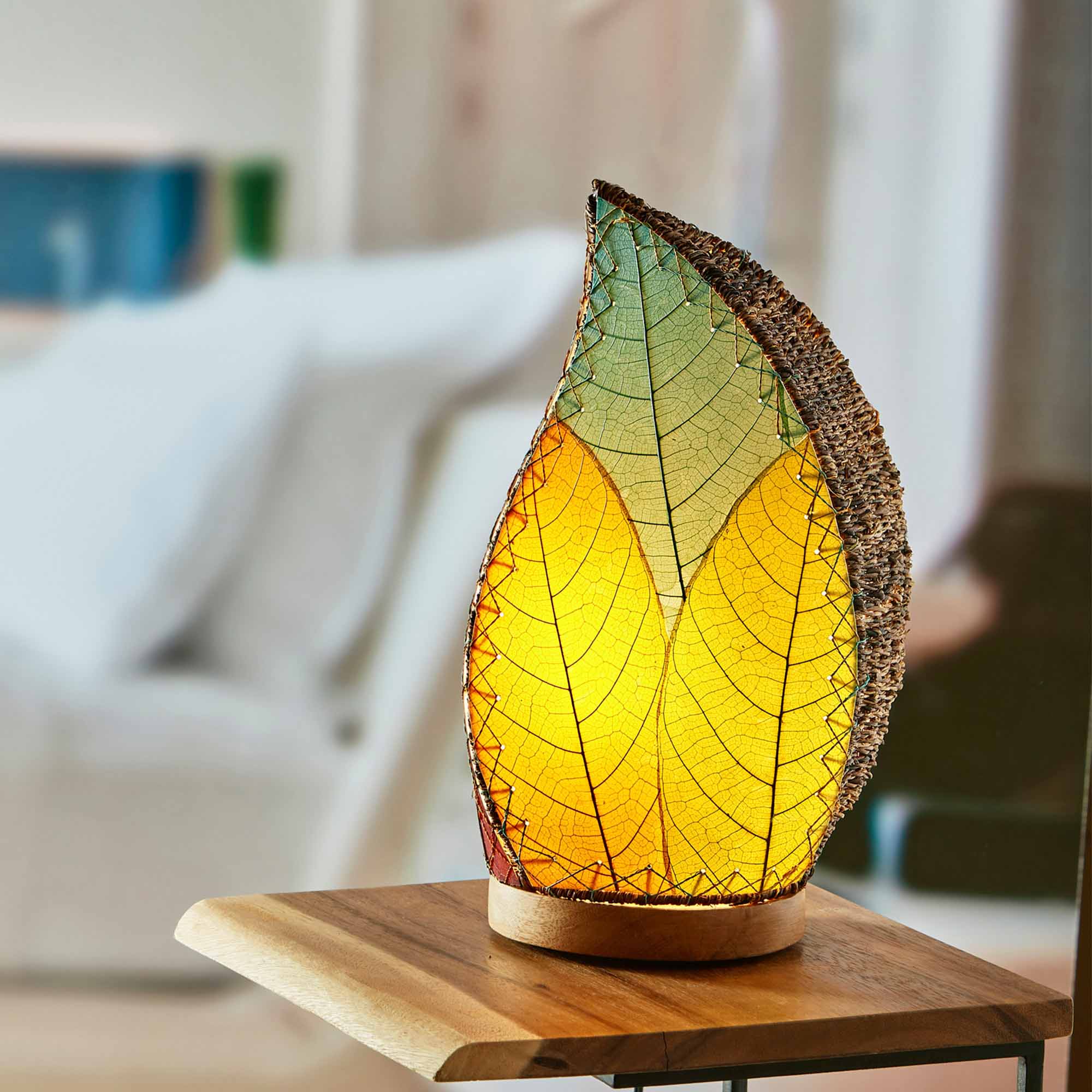 In a sun drenched entryway, crafted by the artisans of Eangee Home Design, the Leaflet Table Lamp in multi color stands gracefully, featuring fossilized cocoa leaf shade, abaca rope accents, reclaimed mango wood base, wrought iron frame, sustainably sourced, adding warmth and character to the space.