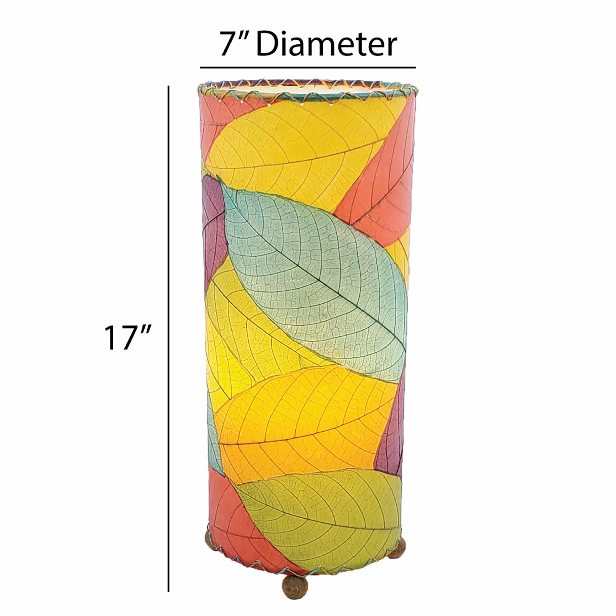 Crafted by the artisans of Eangee Home Design, the Cocoa Leaf Cylinder Table Lamp in multi color against a clean backdrop, featuring fossilized cocoa leaf shade, wrought iron frame, handcrafted.