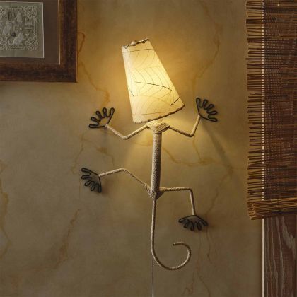Crafted by the artisans of Eangee Home Design, the Gecko Wall Lamp Combo in natural against a clean backdrop, featuring fossilized cocoa leaf shade, abaca rope accents, wrought iron frame, handcrafted.