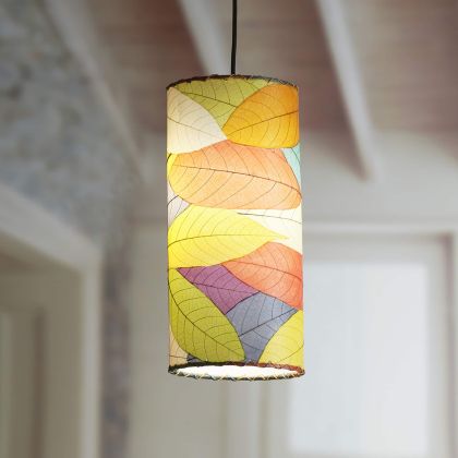 Crafted by the artisans of Eangee Home Design, the Cylinder Pendant in multi color against a clean backdrop, featuring fossilized cocoa leaf shade, handcrafted.