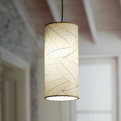 Crafted by the artisans of Eangee Home Design, the Cylinder Pendant in natural against a clean backdrop, featuring fossilized cocoa leaf shade, handcrafted.