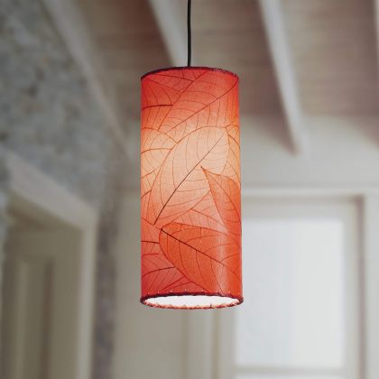 Crafted by the artisans of Eangee Home Design, the Cylinder Pendant in red against a clean backdrop, featuring fossilized cocoa leaf shade, handcrafted.