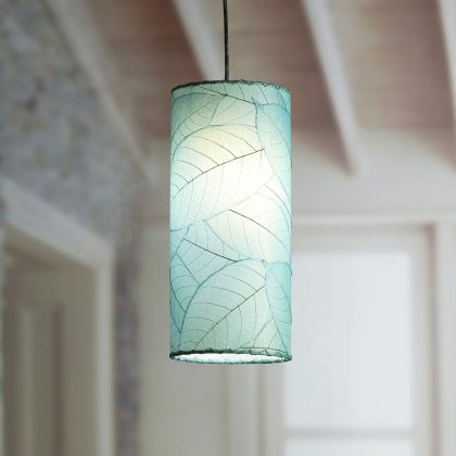 Crafted by the artisans of Eangee Home Design, the Cylinder Pendant in sea blue against a clean backdrop, featuring fossilized cocoa leaf shade, handcrafted.