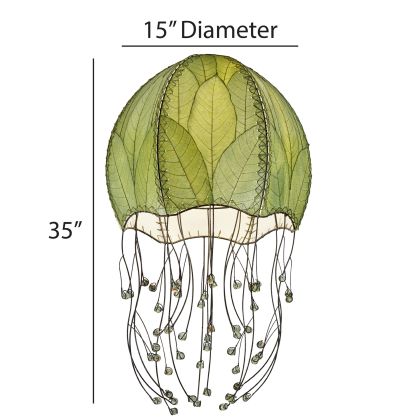 Crafted by the artisans of Eangee Home Design, the Jellyfish Pendant in green against a clean backdrop, featuring fossilized cocoa leaf shade, wrought iron frame, handcrafted.