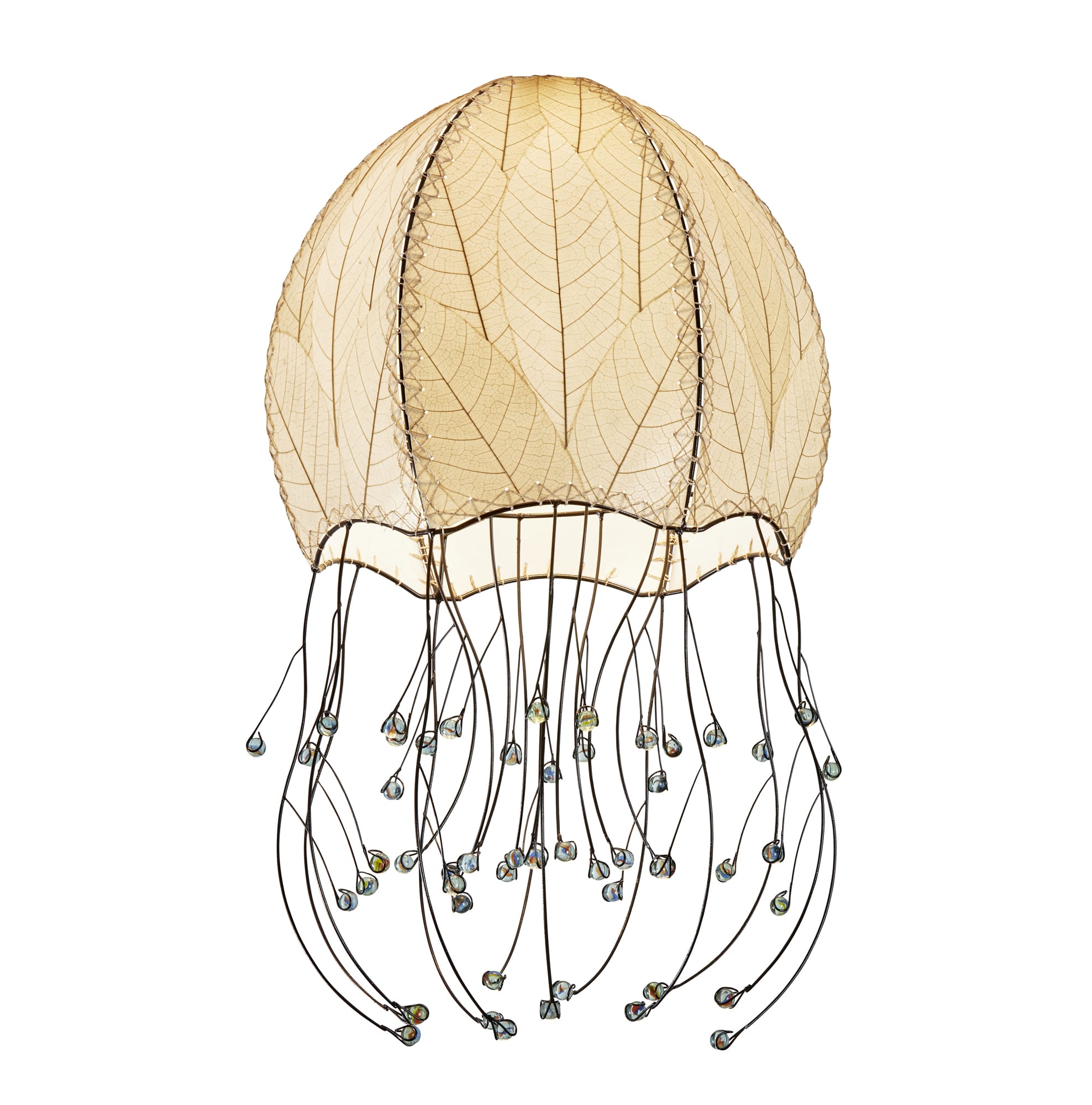 Crafted by the artisans of Eangee Home Design, the Jellyfish Pendant in natural against a clean backdrop, featuring fossilized cocoa leaf shade, wrought iron frame, handcrafted.