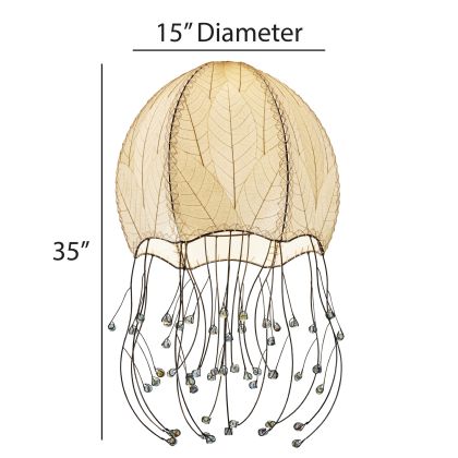 Crafted by the artisans of Eangee Home Design, the Jellyfish Pendant in natural against a clean backdrop, featuring fossilized cocoa leaf shade, wrought iron frame, handcrafted.