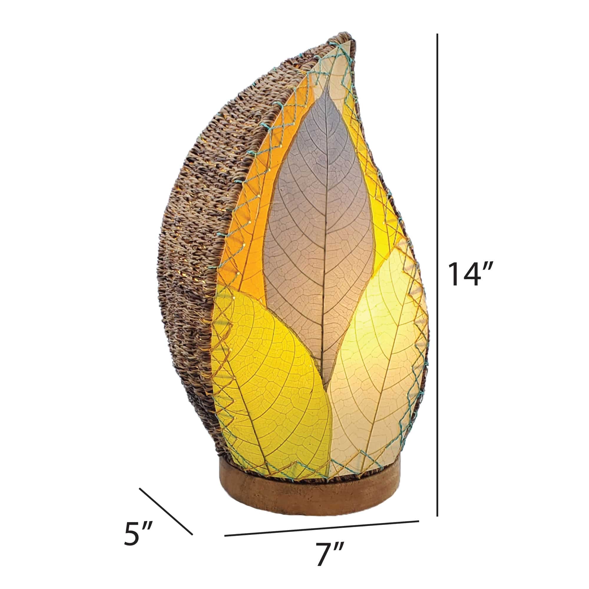 Crafted by the artisans of Eangee Home Design, the Leaflet Table Lamp in multi color against a clean backdrop, featuring fossilized cocoa leaf shade, abaca rope accents, reclaimed mango wood base, wrought iron frame, sustainably sourced.