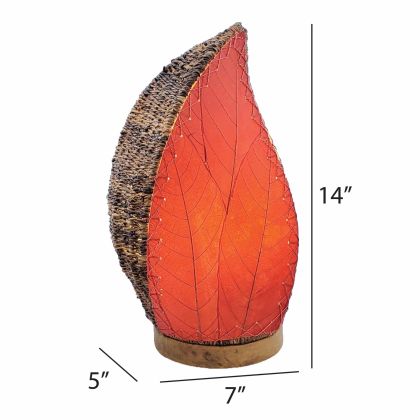 Leaf?shaped Leaflet table lamp crafted by Eangee Home Design with red fossilized cocoa leaves stitched by hand to wrought iron; budding?leaf form breathes life as soft light pours through translucent cocoa leaves; artisan?made with renewable materials