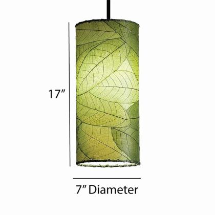 Crafted by the artisans of Eangee Home Design, the Cylinder Pendant in green against a clean backdrop, featuring fossilized cocoa leaf shade, handcrafted.