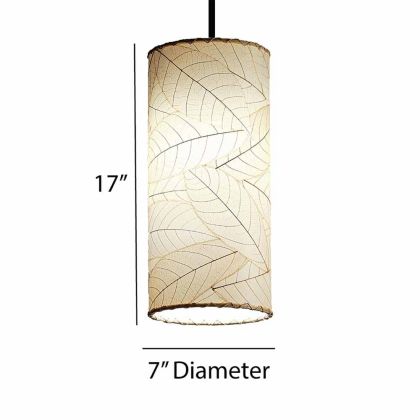 Crafted by the artisans of Eangee Home Design, the Cylinder Pendant in natural against a clean backdrop, featuring fossilized cocoa leaf shade, handcrafted.