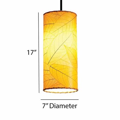 Crafted by the artisans of Eangee Home Design, the Cylinder Pendant in orange against a clean backdrop, featuring fossilized cocoa leaf shade, handcrafted.