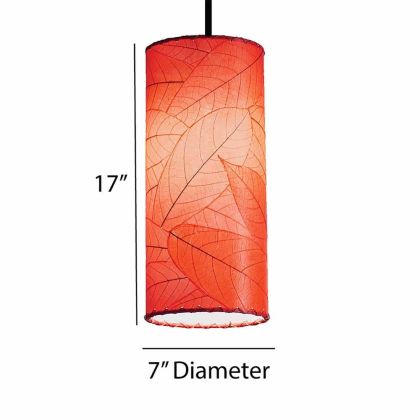 Crafted by the artisans of Eangee Home Design, the Cylinder Pendant in red against a clean backdrop, featuring fossilized cocoa leaf shade, handcrafted.