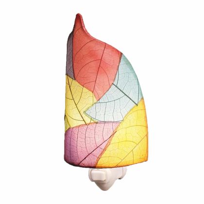 The Leaf Nightlight in multi finish by Eangee Home Design displayed against a white background highlights its fossilized cocoa leaf panels and hand placed natural leaves, designed to the leaf nightlight is a little spark with a lot of soul.