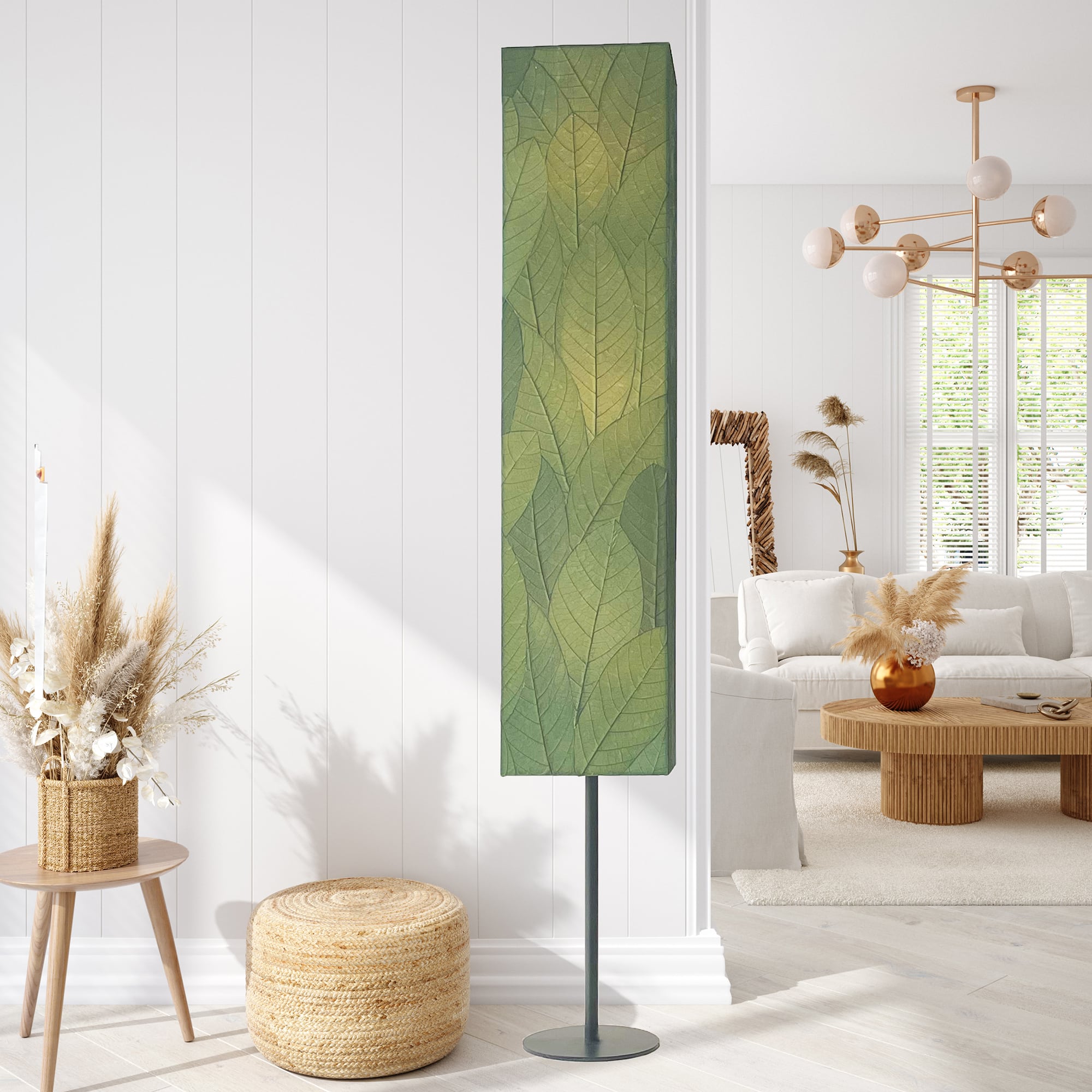 Coastal boho living room interior background, wall mockup, 3d re Sequoia Giant Floor Lamp