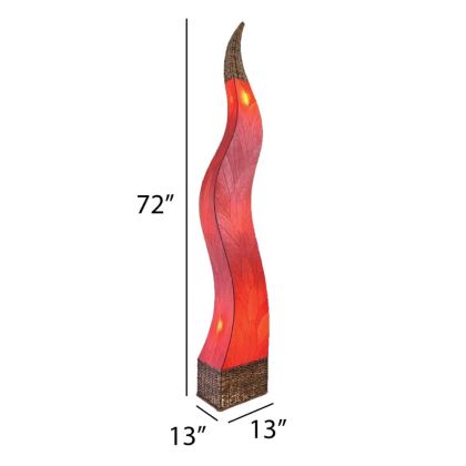 In a studio setting, the Flame Giant crafted by the artisans of Eangee Home Design Lamp in red finish by Eangee Home Design creates an inviting atmosphere with its fossilized cocoa leaf panels, abaca twine accents, and hand placed natural leaves.