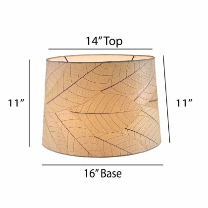 Crafted by the artisans of Eangee Home Design, the 16 Inch Tapered Drum Shade in natural against a clean backdrop, featuring fossilized cocoa leaf shade, wrought iron frame, fair trade, sustainably sourced, handcrafted.