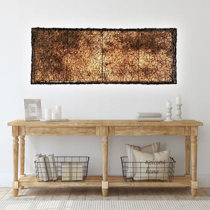 Crafted by the artisans of Eangee Home Design, the Nito Panel Wall Lamp in natural against a clean backdrop, featuring wrought iron frame, recycled paper shade, sustainably sourced.