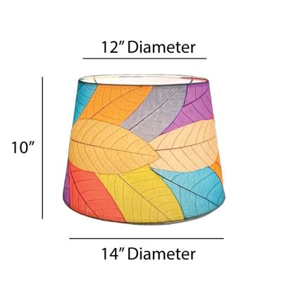 Crafted by the artisans of Eangee Home Design, the 14 Inch Tapered Drum Shade in multi color against a clean backdrop, featuring fossilized cocoa leaf shade, wrought iron frame, fair trade, eco friendly, sustainably sourced, handcrafted.