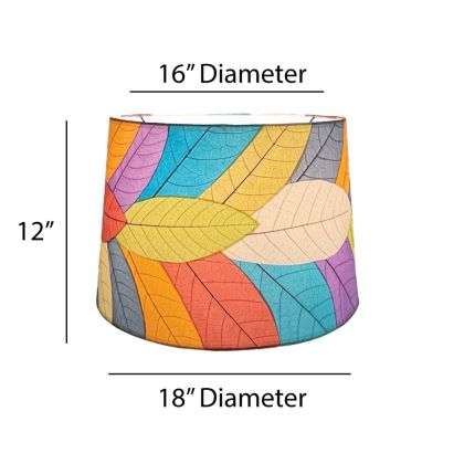 Crafted by the artisans of Eangee Home Design, the 18 Inch Tapered Drum Shade in multi color against a clean backdrop, featuring fossilized cocoa leaf shade, wrought iron frame, eco friendly, sustainably sourced.