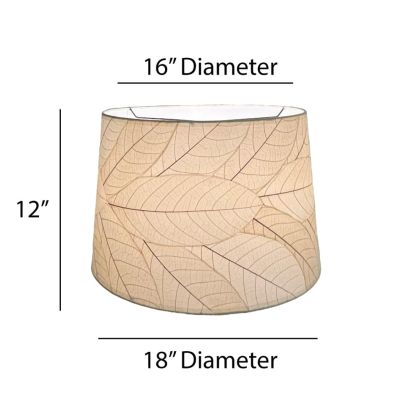 Crafted by the artisans of Eangee Home Design, the 18 Inch Tapered Drum Shade in natural against a clean backdrop, featuring fossilized cocoa leaf shade, wrought iron frame, eco friendly, sustainably sourced.