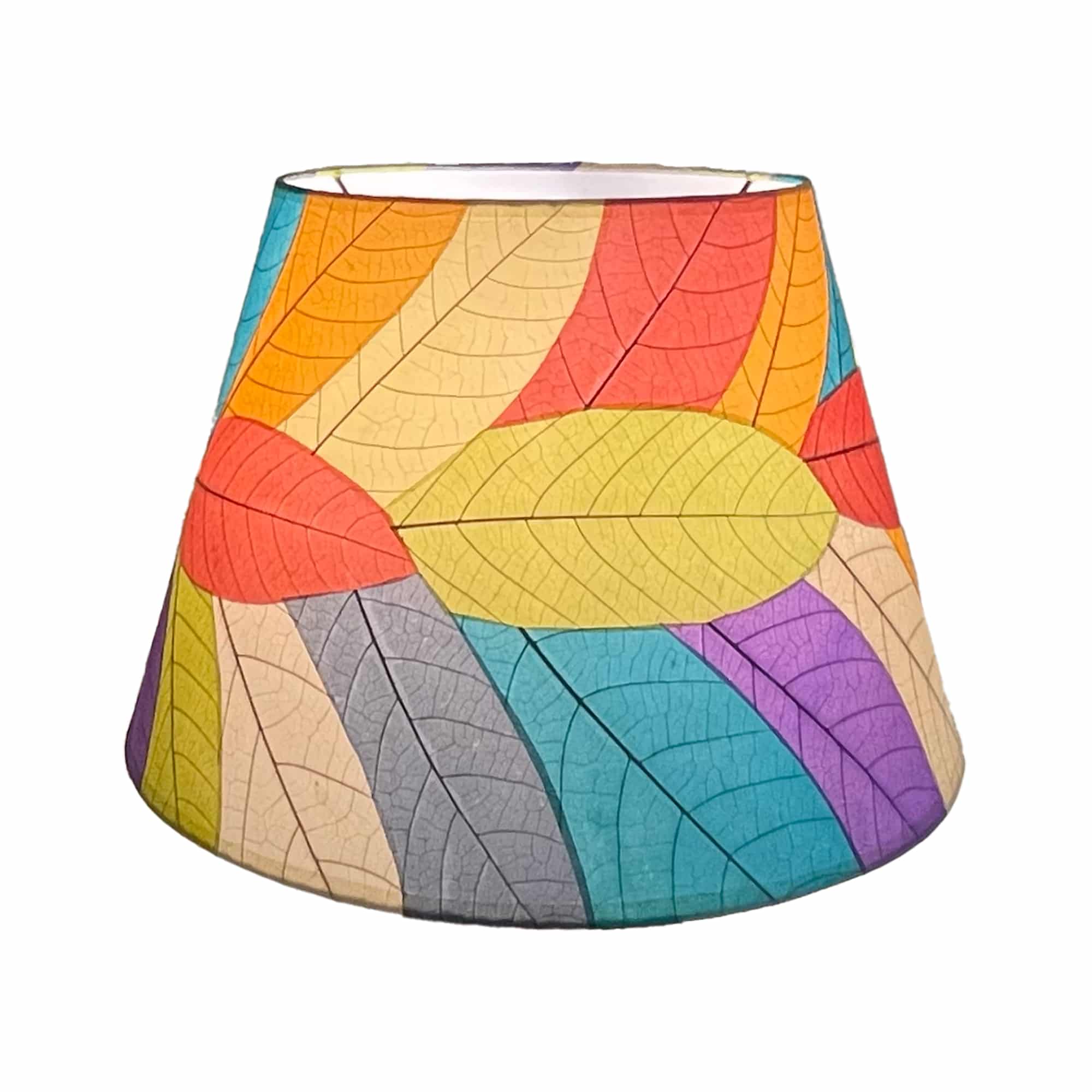 Crafted by the artisans of Eangee Home Design, the 18 Inch British Empire Shade in multi color against a clean backdrop, featuring fossilized cocoa leaf shade, wrought iron frame, eco friendly, sustainably sourced.
