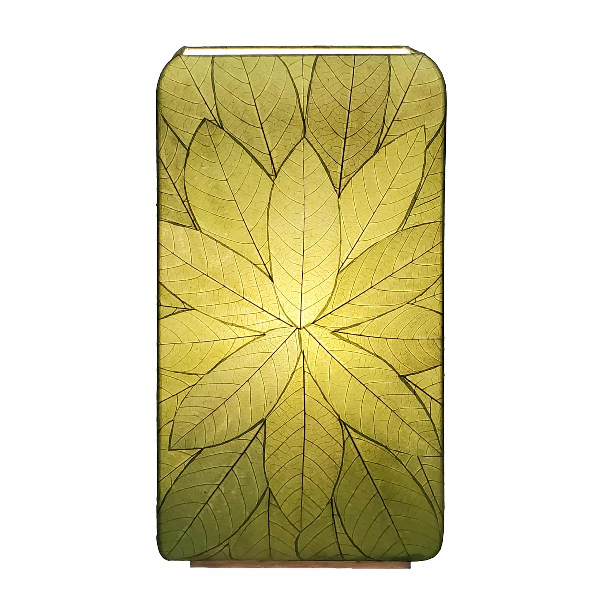 Crafted by the artisans of Eangee Home Design, the Sunburst Giant Floor Lamp in green against a clean backdrop, featuring fossilized cocoa leaf shade, fair trade, handcrafted.