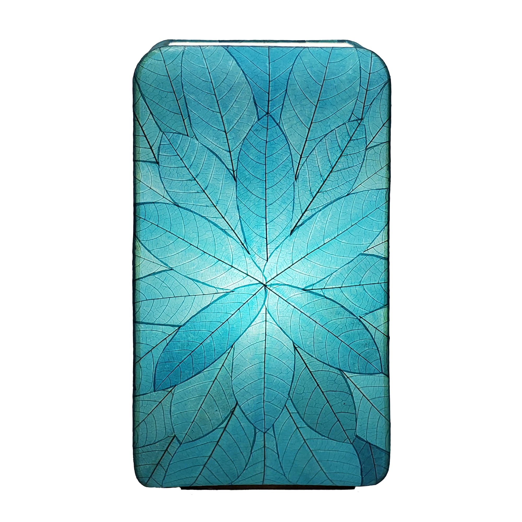 Crafted by the artisans of Eangee Home Design, the Sunburst Giant Floor Lamp in sea blue against a clean backdrop, featuring fossilized cocoa leaf shade, fair trade, handcrafted.