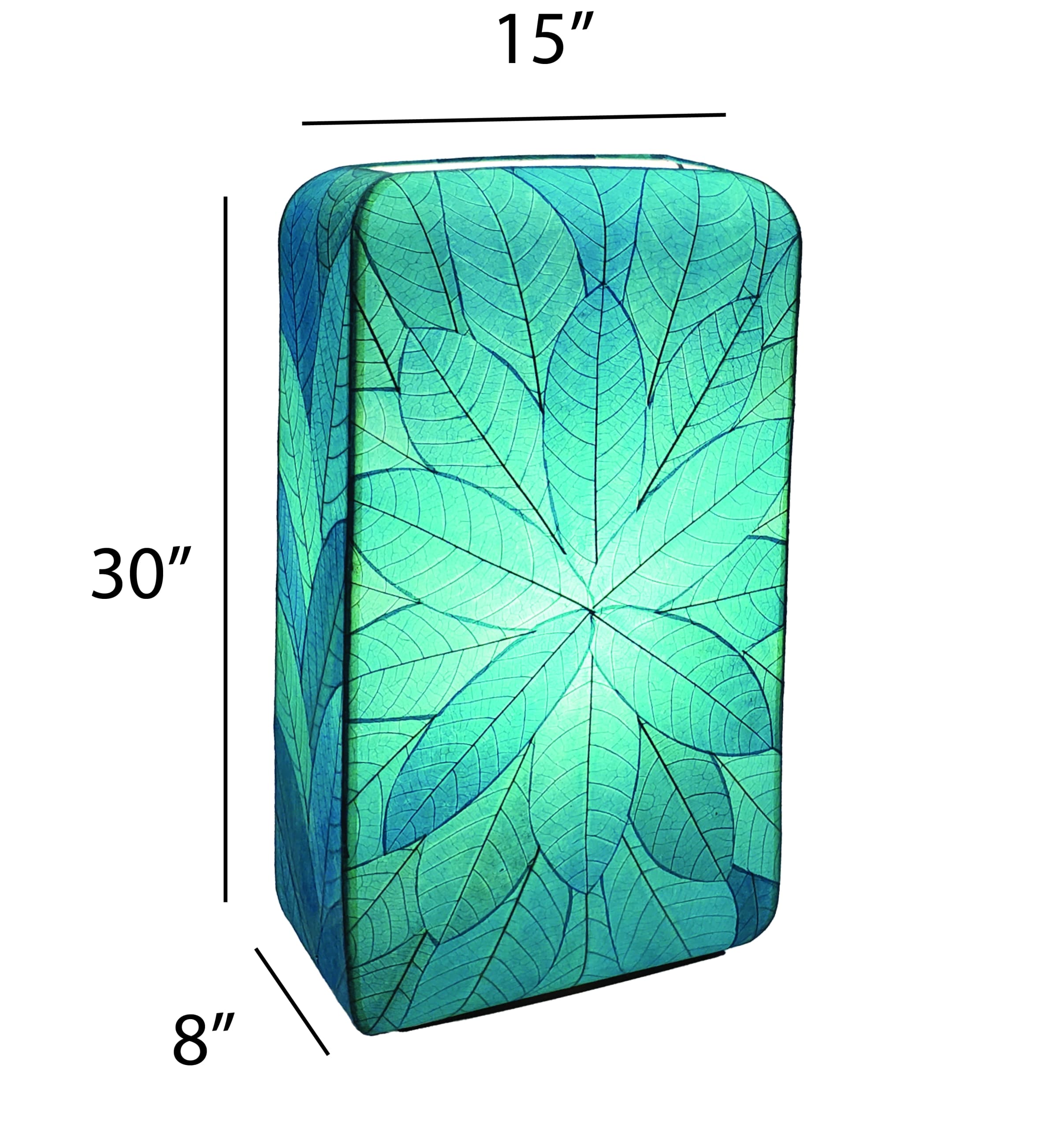 Crafted by the artisans of Eangee Home Design, the Sunburst Giant Floor Lamp in sea blue against a clean backdrop, featuring fossilized cocoa leaf shade, fair trade, handcrafted.