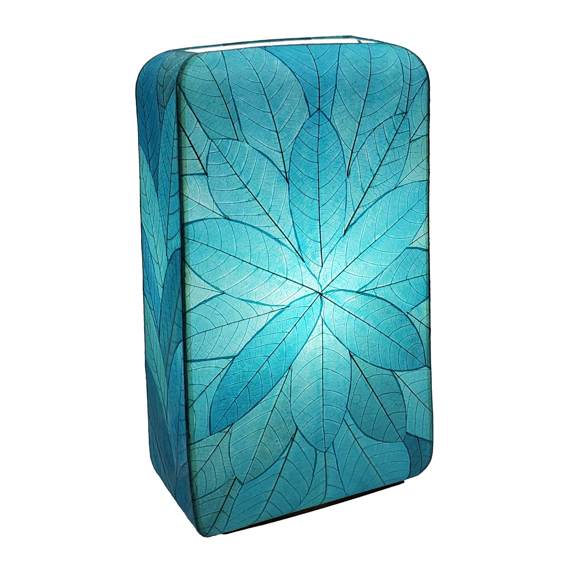 Crafted by the artisans of Eangee Home Design, the Sunburst Giant Floor Lamp in sea blue against a clean backdrop, featuring fossilized cocoa leaf shade, fair trade, handcrafted.