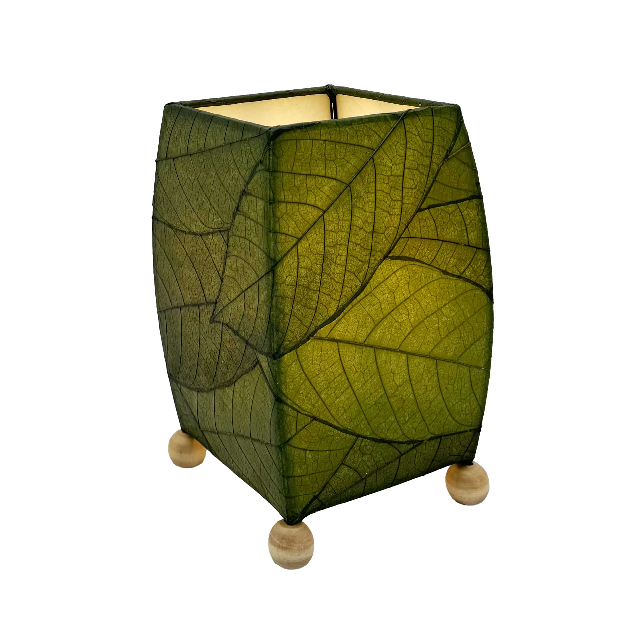 Crafted by the artisans of Eangee Home Design, the Mini Square Cocoa Leaf Table Lamp in green against a clean backdrop, featuring fossilized cocoa leaf shade, wrought iron frame, fair trade, eco friendly, sustainably sourced, handcrafted.