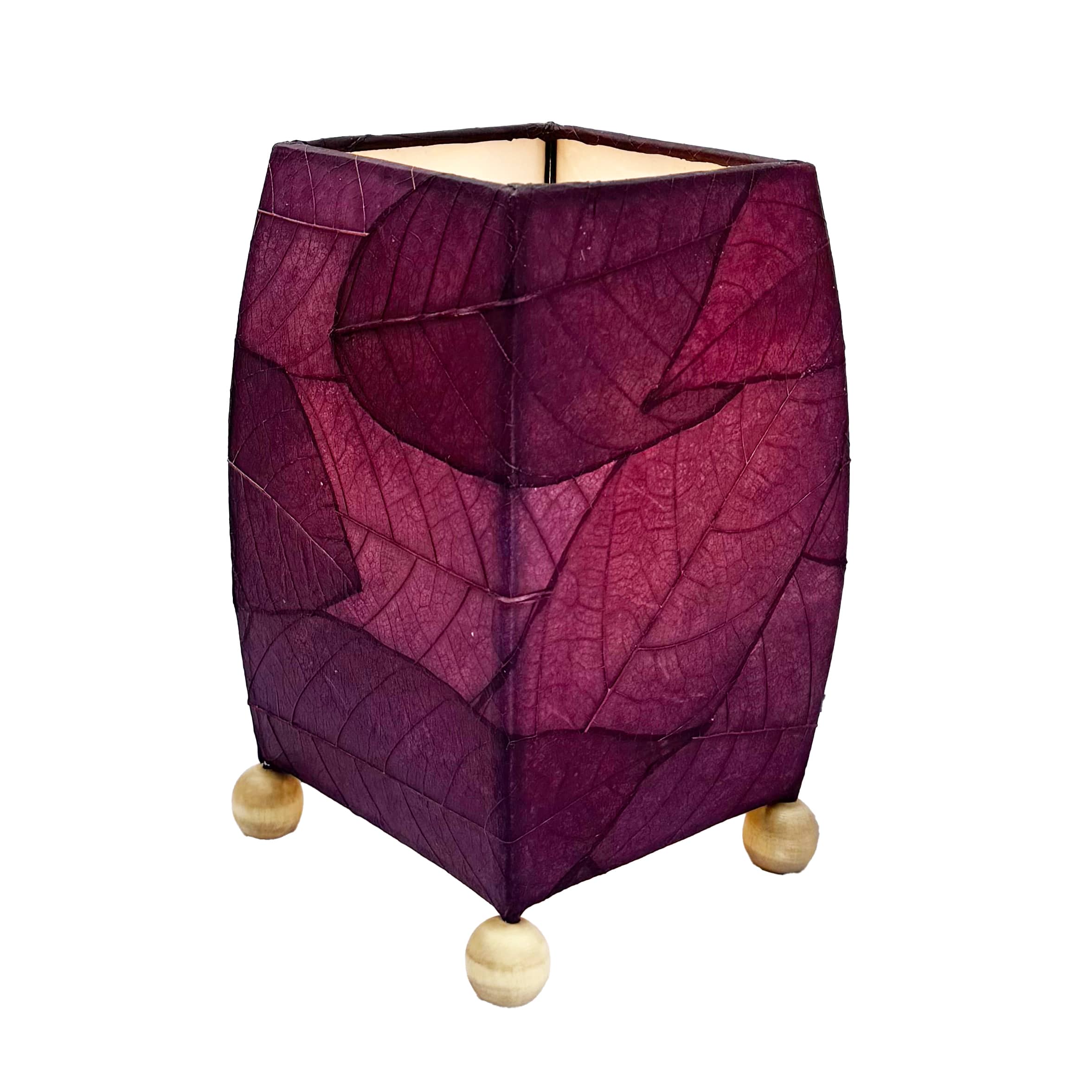 Crafted by the artisans of Eangee Home Design, the Mini Square Cocoa Leaf Table Lamp in purple against a clean backdrop, featuring fossilized cocoa leaf shade, wrought iron frame, fair trade, eco friendly, sustainably sourced, handcrafted.