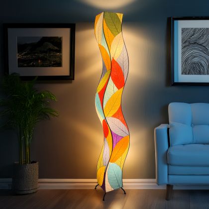 Multicolor Wrapped Wave Giant Floor Lamp by Eangee Home Design - tall S-curve column wrapped in vibrant fossilized cocoa leaves; artisan-made lamp casts warm, colorful light that evokes rhythmic ocean movement.