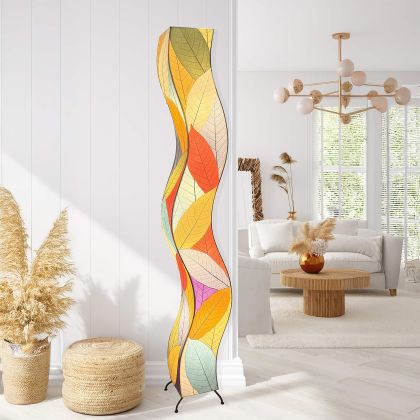 Crafted by the artisans of Eangee Home Design, the Wrapped Wave Floor Lamp in multi color against a clean backdrop, featuring fossilized cocoa leaf shade, wrought iron frame, eco friendly, sustainably sourced, handcrafted.
