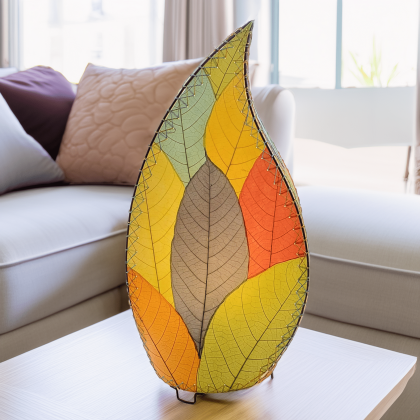 Leaf?shaped Leaflet table lamp crafted by Eangee Home Design with multi color fossilized cocoa leaves stitched by hand to wrought iron; budding?leaf form breathes life as ambient light spills through the natural leaf veins; handcrafted sustainably by fair?trade artisans