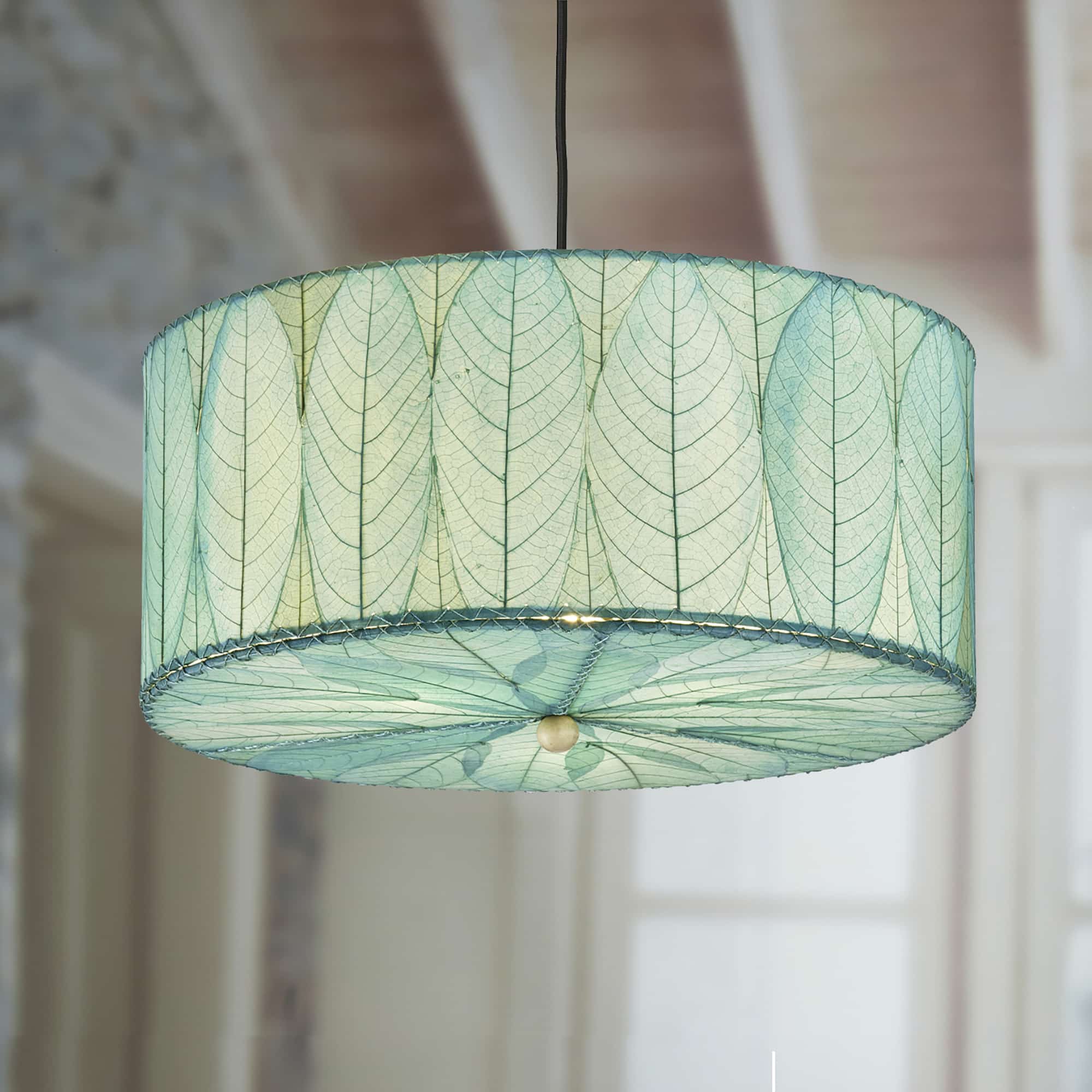 Crafted by the artisans of Eangee Home Design, the Drum Pendant 24 Inch in sea blue against a clean backdrop, featuring handcrafted detailing, sustainably sourced, handcrafted.