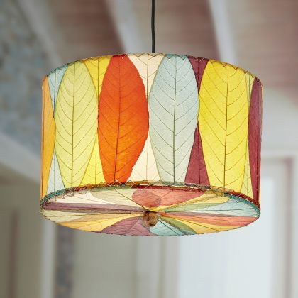 Crafted by the artisans of Eangee Home Design, the Drum Pendant 18 Inch in multi color against a clean backdrop, featuring fossilized cocoa leaf shade.