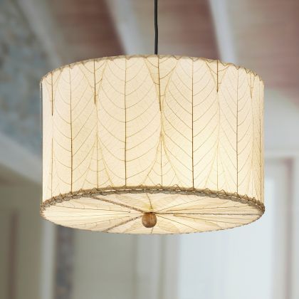 Crafted by the artisans of Eangee Home Design, the Drum Pendant 18 Inch in natural against a clean backdrop, featuring fossilized cocoa leaf shade.