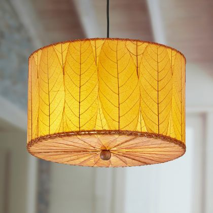 Crafted by the artisans of Eangee Home Design, the Drum Pendant 18 Inch in orange against a clean backdrop, featuring fossilized cocoa leaf shade.
