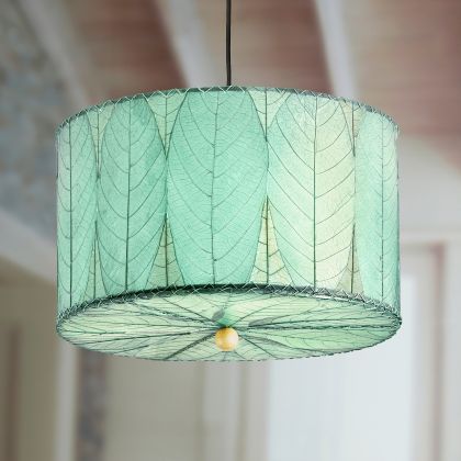 Crafted by the artisans of Eangee Home Design, the Drum Pendant 18 Inch in sea blue against a clean backdrop, featuring fossilized cocoa leaf shade.