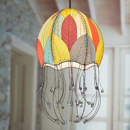 Crafted by the artisans of Eangee Home Design, the Jellyfish Pendant in multi color against a clean backdrop, featuring fossilized cocoa leaf shade, wrought iron frame, handcrafted.