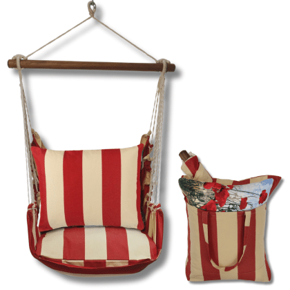 Multi colored outdoor swing crafted by the artisans of Magnolia Casual called the Swing Set 4 piece Americana Stripe w/ Americana Stripe featuring 100 percent weather resistant fabric, weather resistant polyester fabric, handcrafted shown against a clean backdrop featuring with a stripe motif.